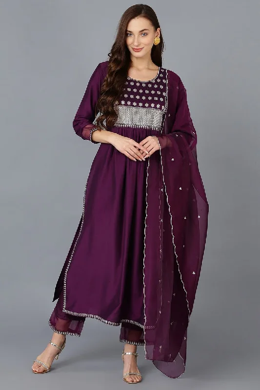 Ahika Purple Silk Blend Solid Straight Kurta Trousers With Dupatta Trousers High Rise Slim Fit Ahika Purple Silk Blend Solid Straight Kurta Trousers With Dupatta Trousers High Rise Slim Fit