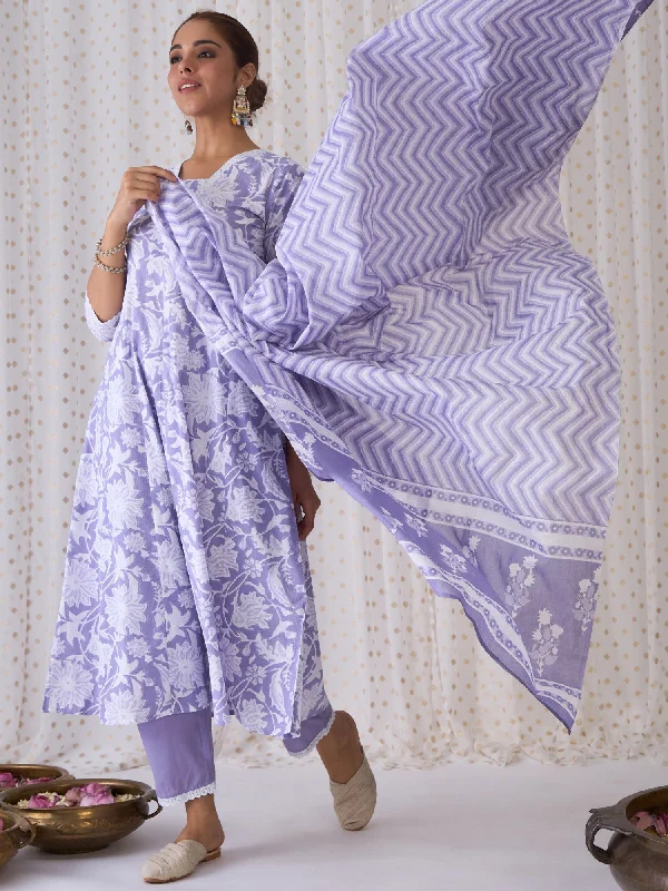Women Lavender Printed A-Line Kurta Trousers With Dupatta Set - Taantav Trousers Low Rise Relaxed Women Lavender Printed A-Line Kurta Trousers With Dupatta Set - Taantav Trousers Low Rise Relaxed