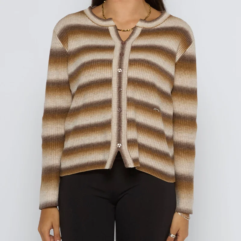 Ribbed Zip Striped Cardigan - UK 12 Embroidered Appliqued Beaded