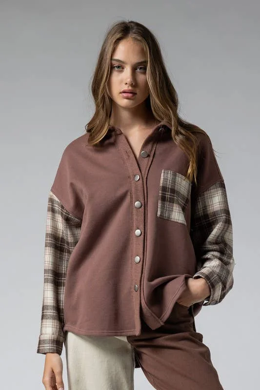 Frenchterry Checker Sleeve Jacket Zip Front Button Front Snap Front