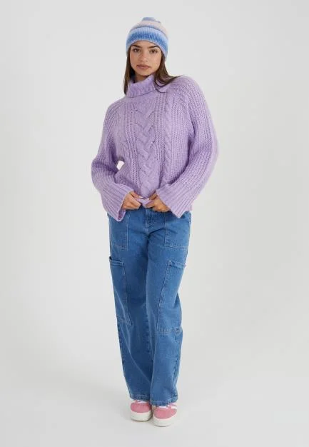 ROLL NECK CABLE KNIT JUMPER Solid Print Embellished