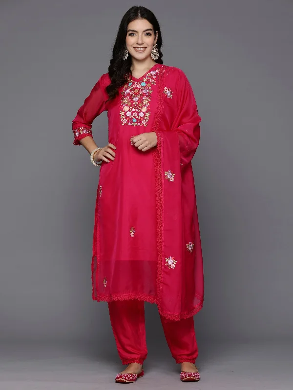 Women Magenta Embroidered Straight Kurta Trousers With Dupatta Set - Taantav Trousers fashionable chic Women Magenta Embroidered Straight Kurta Trousers With Dupatta Set - Taantav Trousers fashionable chic