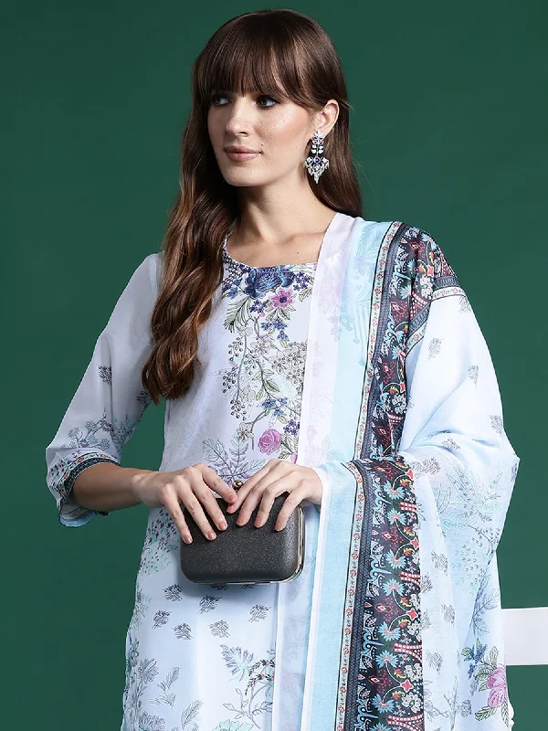 Women Blue Printed Straight Kurta Trousers With Dupatta Set - Taantav Trousers Silk Elegant Women Blue Printed Straight Kurta Trousers With Dupatta Set - Taantav Trousers Silk Elegant