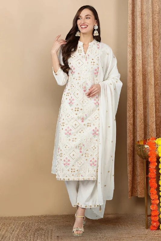 Ahika White Pure Cotton Ethnic Motifs Straight Kurta Trousers With Dupatta Trousers luxurious high-end Ahika White Pure Cotton Ethnic Motifs Straight Kurta Trousers With Dupatta Trousers luxurious high-end