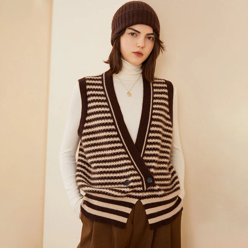 V-neck Stacked Knitted Double-breasted Cashmere Sleeveless Sweater Cardigan Lightweight Heavyweight Midweight