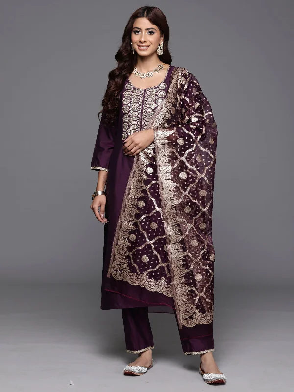 Women Purple Embroidered Straight Kurta Trousers With Dupatta Set - Taantav Trousers Plaid Checkered Women Purple Embroidered Straight Kurta Trousers With Dupatta Set - Taantav Trousers Plaid Checkered