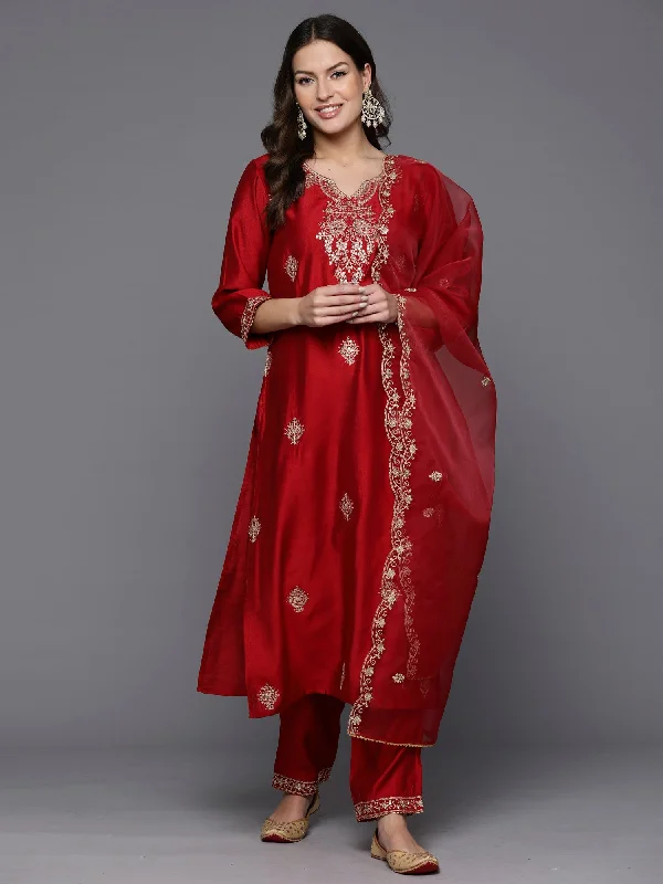 Women Red Embroidered Straight Kurta Trousers With Dupatta Set - Taantav Trousers Print Floral Women Red Embroidered Straight Kurta Trousers With Dupatta Set - Taantav Trousers Print Floral