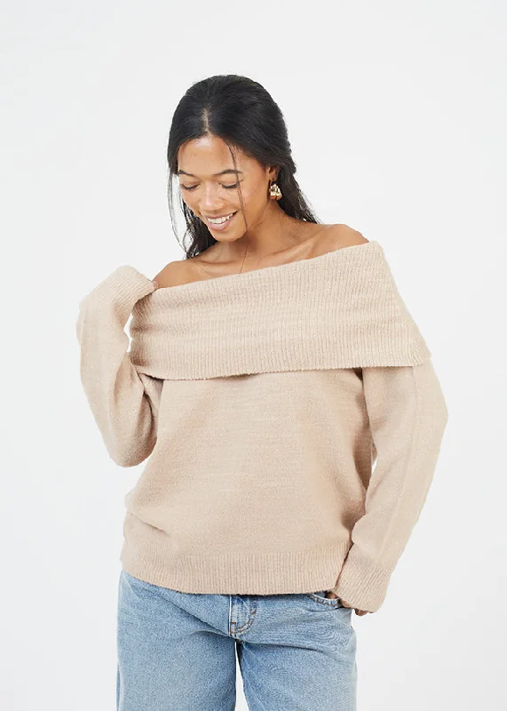 BARDOT JUMPER, STONE Turtle Neck Boat Neck Asymmetrical Neck
