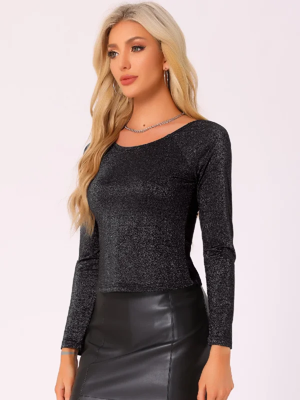 Long Sleeves Pullover Glitter Cropped Blouse Textured Knit Design