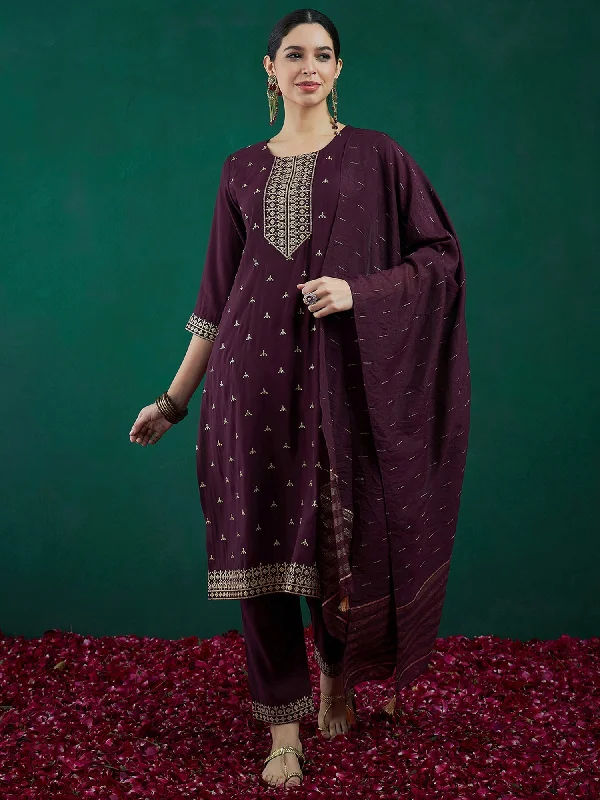 Women Burgundy Embroidered Straight Kurta Trousers With Dupatta Set - Taantav Trousers Summer Linen Women Burgundy Embroidered Straight Kurta Trousers With Dupatta Set - Taantav Trousers Summer Linen