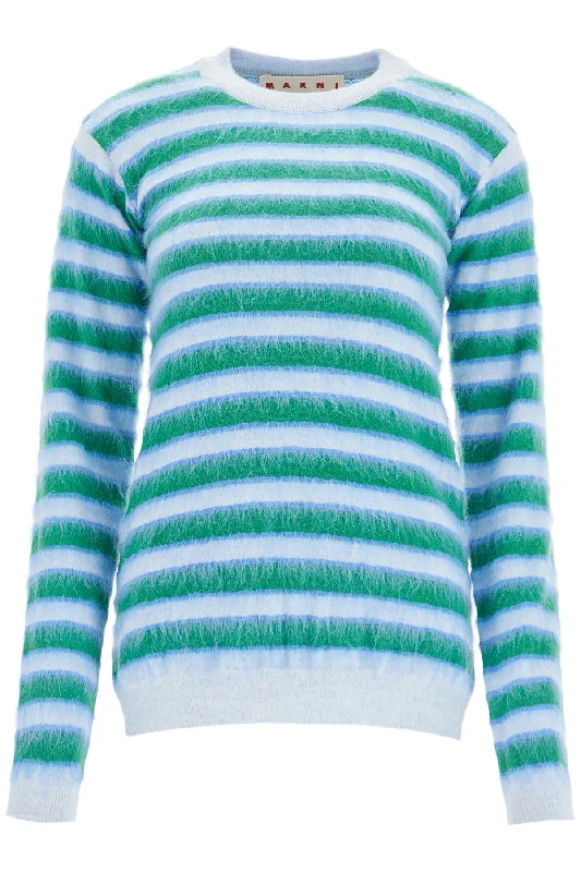 Striped Crewneck Pullover  - Light Blue Blouson Sleeve Pullover