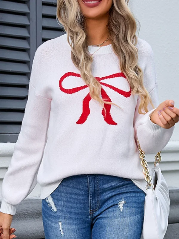 Hazel Blues® |  Bow Graphic Round Neck Long Sleeve Sweater Satin Blend Silk Blend Wool Blend