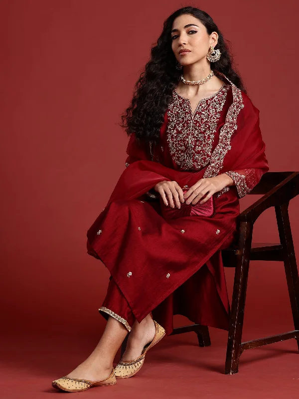 Women Maroon Embroidered Straight Kurta Trousers With Dupatta Set - Taantav Trousers High Rise Slim Fit Women Maroon Embroidered Straight Kurta Trousers With Dupatta Set - Taantav Trousers High Rise Slim Fit