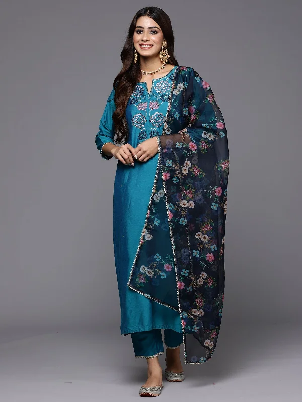 Women Teal Embroidered Straight Kurta Trousers With Dupatta Set - Taantav Trousers Corduroy Warm Women Teal Embroidered Straight Kurta Trousers With Dupatta Set - Taantav Trousers Corduroy Warm