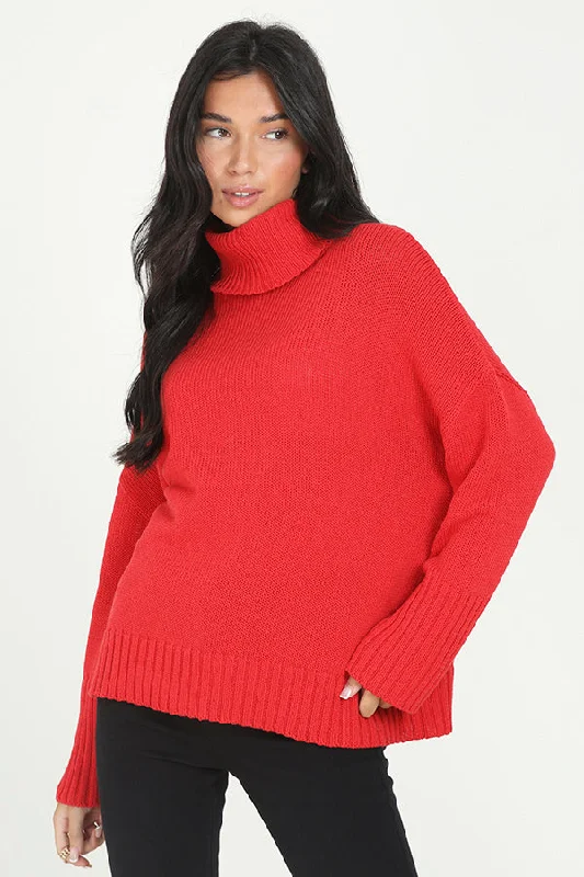RED RECYCLED ROLL NECK DROP SHOULDER KNIT JUMPER Velvet Chenille Corduroy