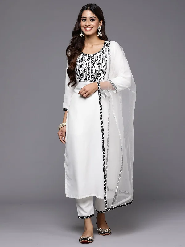 Women White Embroidered Straight Kurta Trousers With Dupatta Set - Taantav Trousers Ceremony Elegant Women White Embroidered Straight Kurta Trousers With Dupatta Set - Taantav Trousers Ceremony Elegant