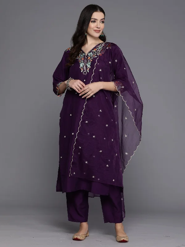 Women Purple Embroidered Straight Kurta Trousers With Dupatta Set - Taantav Trousers High Rise Slim Fit Women Purple Embroidered Straight Kurta Trousers With Dupatta Set - Taantav Trousers High Rise Slim Fit