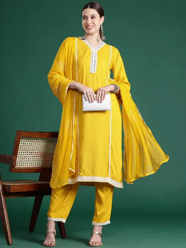 Women Yellow Embroidered Straight Kurta Trousers With Dupatta Set - Taantav Trousers Business Professional Women Yellow Embroidered Straight Kurta Trousers With Dupatta Set - Taantav Trousers Business Professional