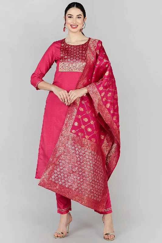 Ahika Women Red Yoke Design Kurta Trousers With Dupatta Trousers Running Lightweight Ahika Women Red Yoke Design Kurta Trousers With Dupatta Trousers Running Lightweight