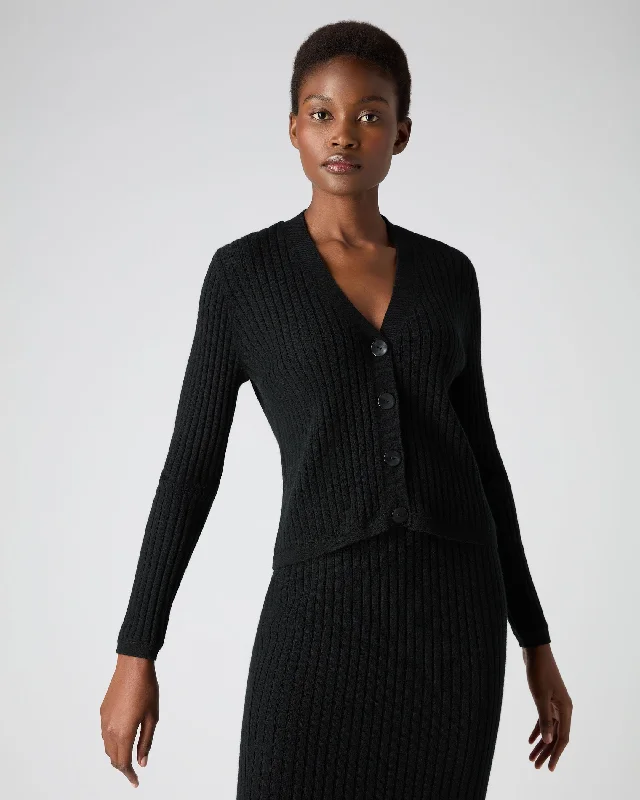 Women's Wide Rib Crop Cashmere Cardigan Black Solid Color Striped Floral Print