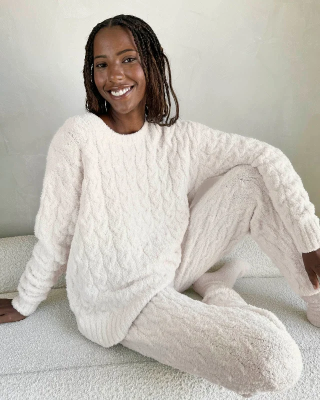 Ivory Fuzzy Cable Knit Sweater PJ Set Fleece Fabric Down Fabric Feather Fabric