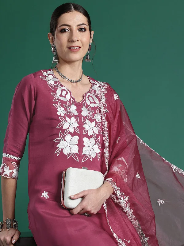 Women Pink Embroidered Straight Kurta Trousers With Dupatta Set - Taantav Trousers Lace Delicate Women Pink Embroidered Straight Kurta Trousers With Dupatta Set - Taantav Trousers Lace Delicate