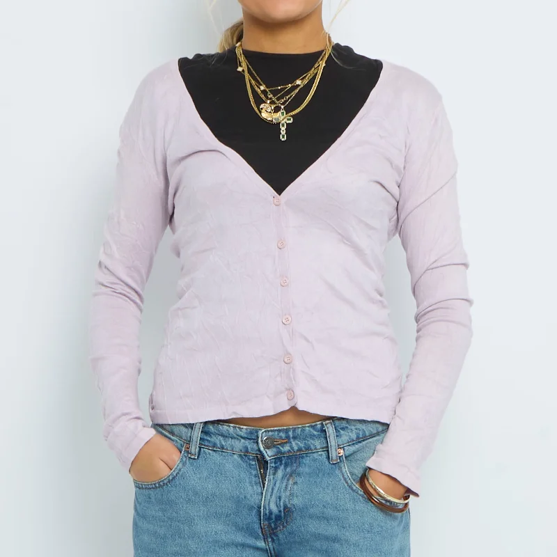Low V-Neck Fine Knit Cardigan - UK 8 Velvet Chenille Corduroy