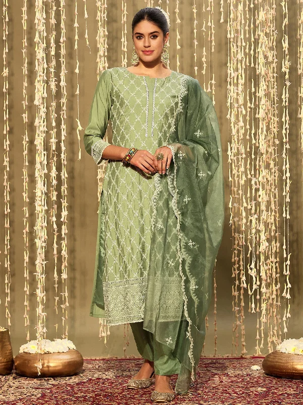 Women Green Embroidered Straight Kurta Trousers With Dupatta Set - Taantav Trousers Palazzo Wide Leg Women Green Embroidered Straight Kurta Trousers With Dupatta Set - Taantav Trousers Palazzo Wide Leg