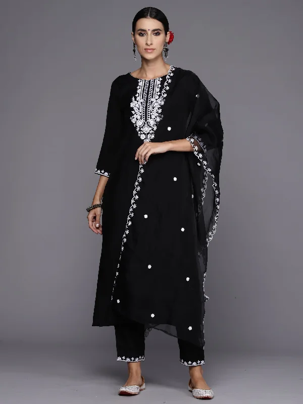Women Black Embroidered Straight Kurta Trousers With Dupatta Set - Taantav Trousers Yoga Stretchy Women Black Embroidered Straight Kurta Trousers With Dupatta Set - Taantav Trousers Yoga Stretchy