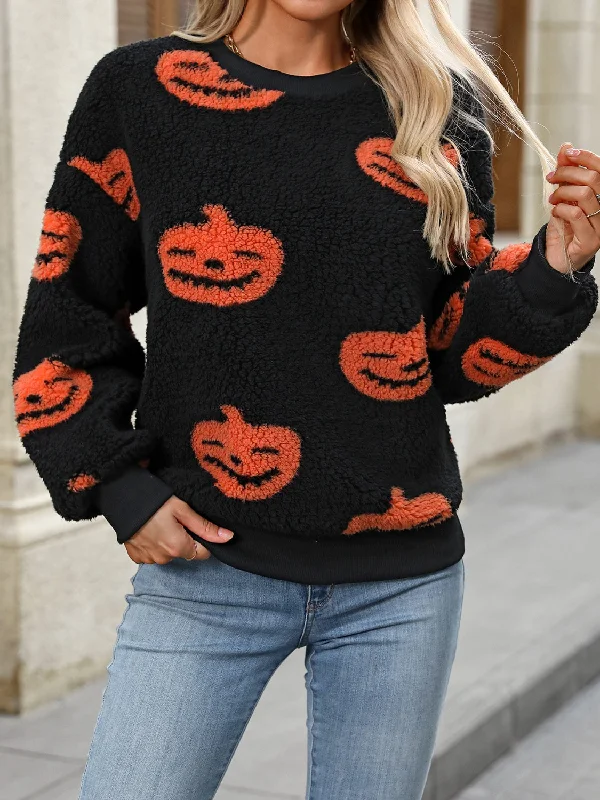 Hazel Blues® | Fuzzy Pumpkin Round Neck Dropped Shoulder Sweater Print Jacquard Patchwork Hazel Blues® | Fuzzy Pumpkin Round Neck Dropped Shoulder Sweater Print Jacquard Patchwork