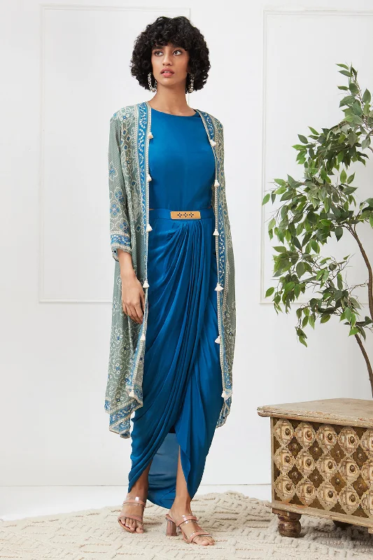 Bandej Drape Dress With Printed Jacket Chenille Jacket Brocade Jacket Lace Jacket