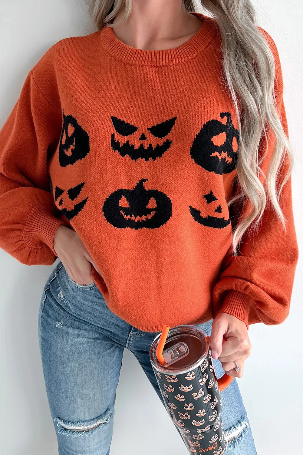 Hazel Blues® | Pumpkin Pattern Round Neck Sweater Wool Fabric Cashmere Fabric Tweed Fabric Hazel Blues® | Pumpkin Pattern Round Neck Sweater Wool Fabric Cashmere Fabric Tweed Fabric