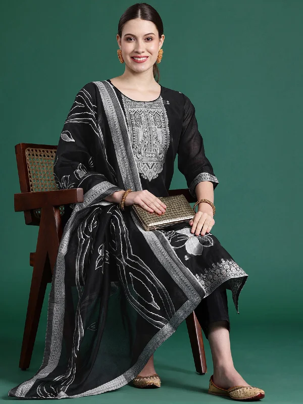 Women Black Woven Design Straight Kurta Trousers Set - Taantav Trousers Denim Distressed Women Black Woven Design Straight Kurta Trousers Set - Taantav Trousers Denim Distressed