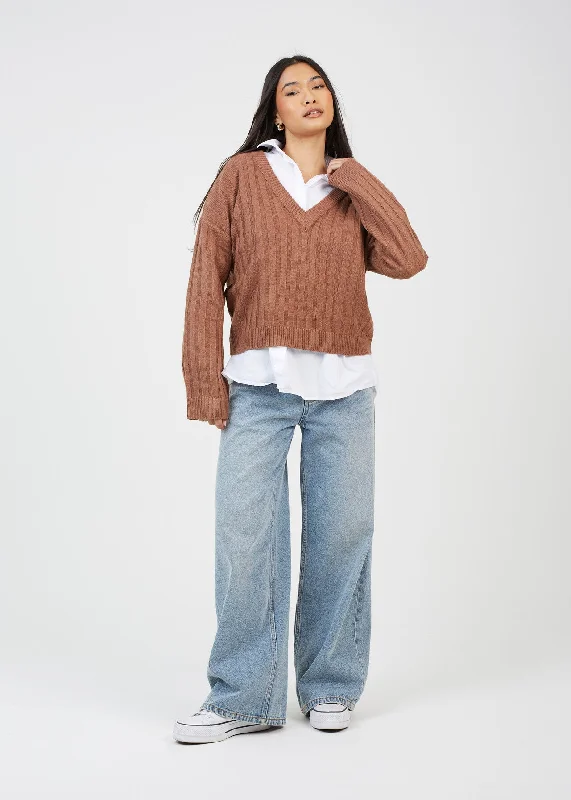 BOXY WIDE SLEEVE RIBBED JUMPER, MOCHA Solid Color Striped Floral Print