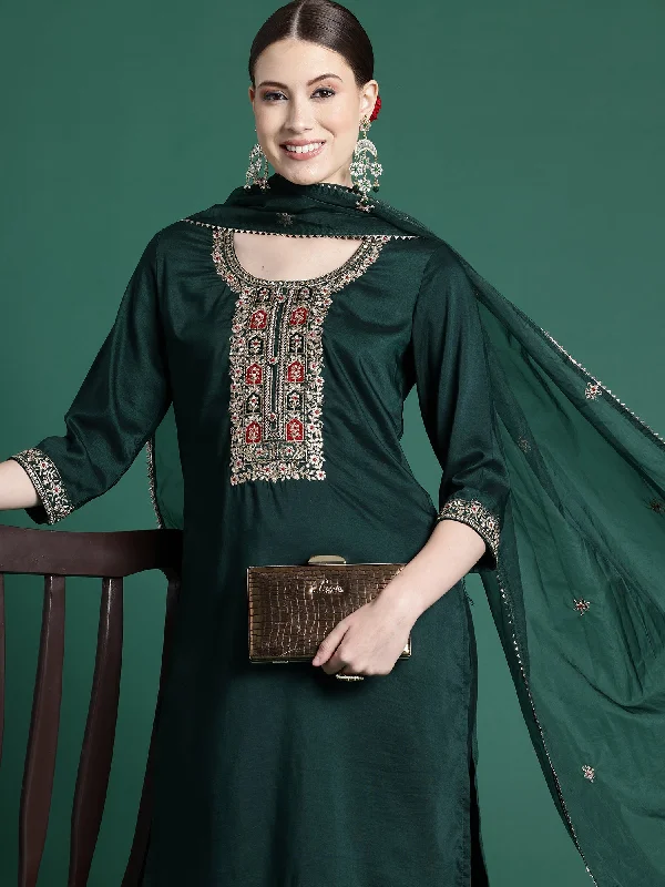 Women Green Embroidered Straight Kurta Trousers With Dupatta Set - Taantav Trousers Solid Black Women Green Embroidered Straight Kurta Trousers With Dupatta Set - Taantav Trousers Solid Black