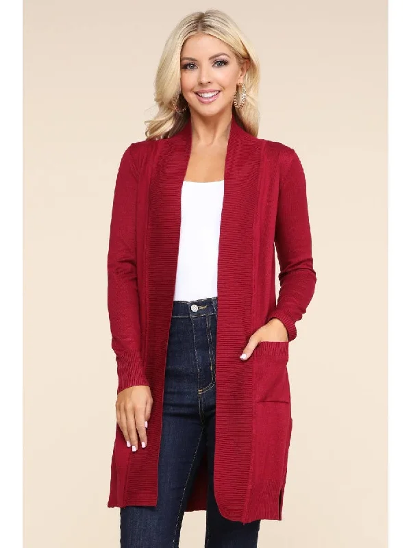 Long Sleeve Open Front Cardigan with Side Pockets Collared Crew Neck Turtle Neck