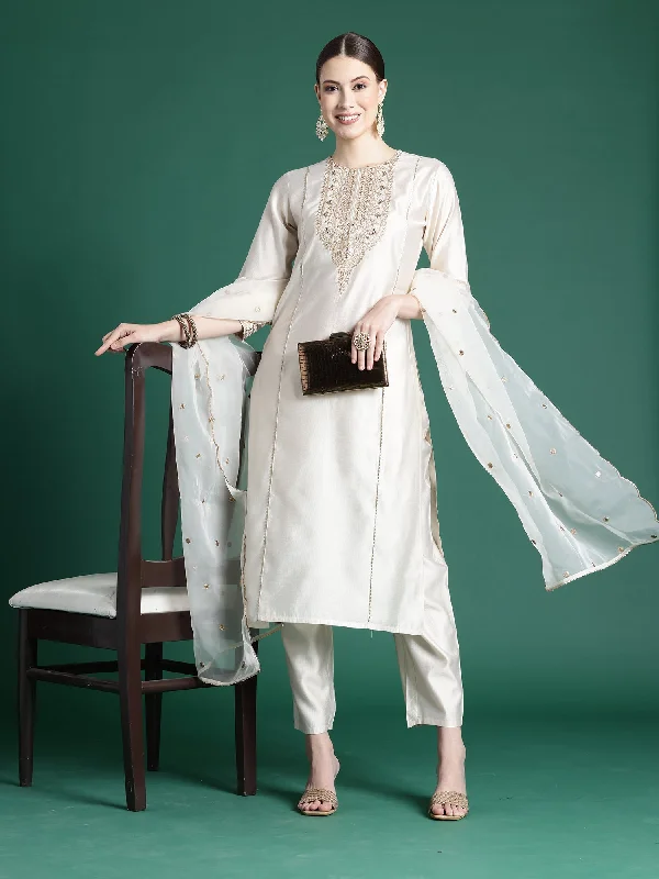 Women Off White Embroidered Straight Kurta Trousers With Dupatta Set - Taantav Trousers Wedding White Women Off White Embroidered Straight Kurta Trousers With Dupatta Set - Taantav Trousers Wedding White
