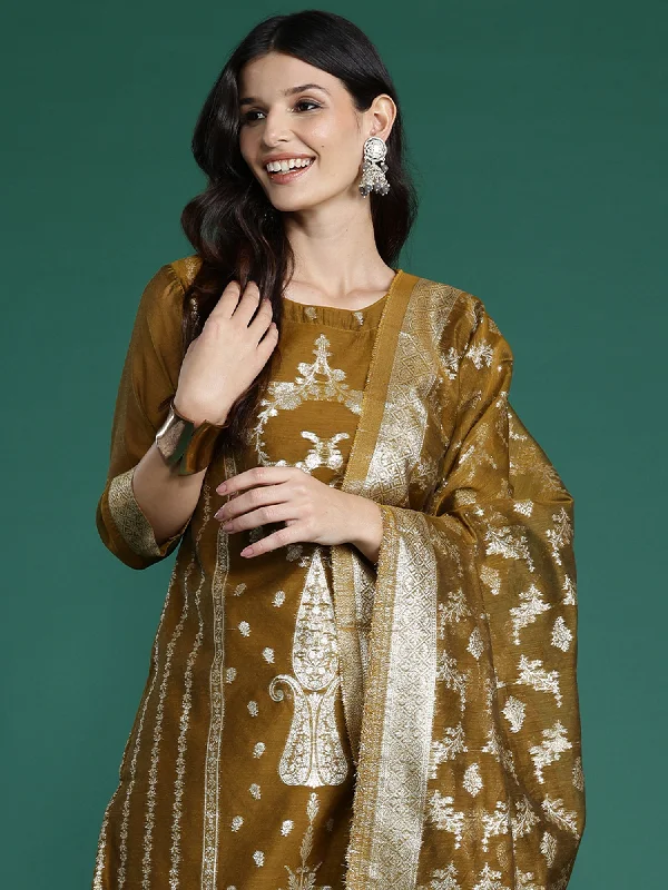 Women Mustard Woven Design Straight Kurta Trousers With Dupatta Set - Taantav Trousers Running Lightweight Women Mustard Woven Design Straight Kurta Trousers With Dupatta Set - Taantav Trousers Running Lightweight