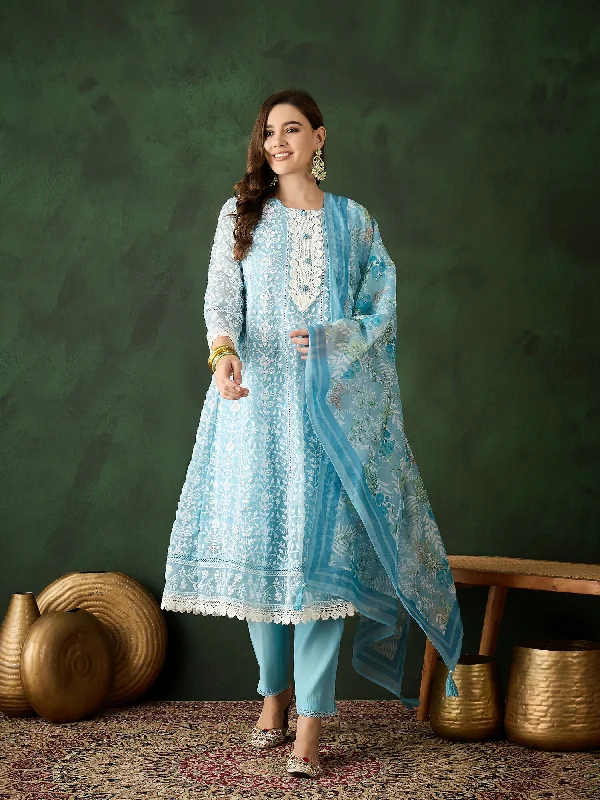 Blue Crystal Organza schiffli embroidery Kurta With Trouser & Dupatta - Bhumi Trousers Party Sparkling Blue Crystal Organza schiffli embroidery Kurta With Trouser & Dupatta - Bhumi Trousers Party Sparkling