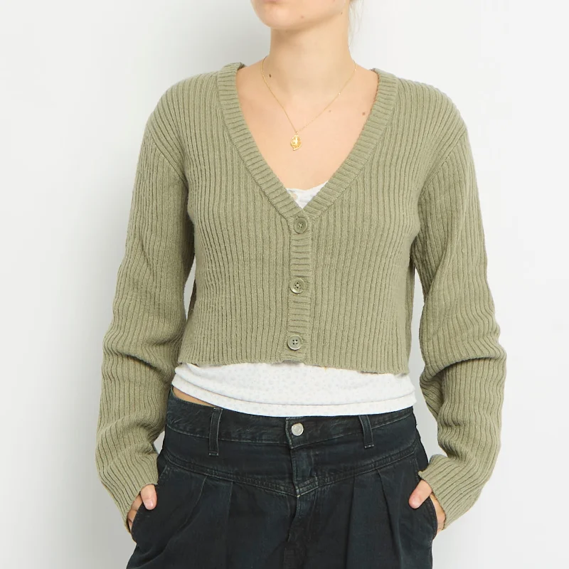 Ribbed Cropped Knitted Cardigan- UK 10 Fleece Fabric Down Fabric Feather Fabric