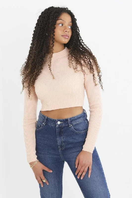 PINK PLAIN RIBBED TURTLENECK CROPPED JUMPER Casual Formal Business