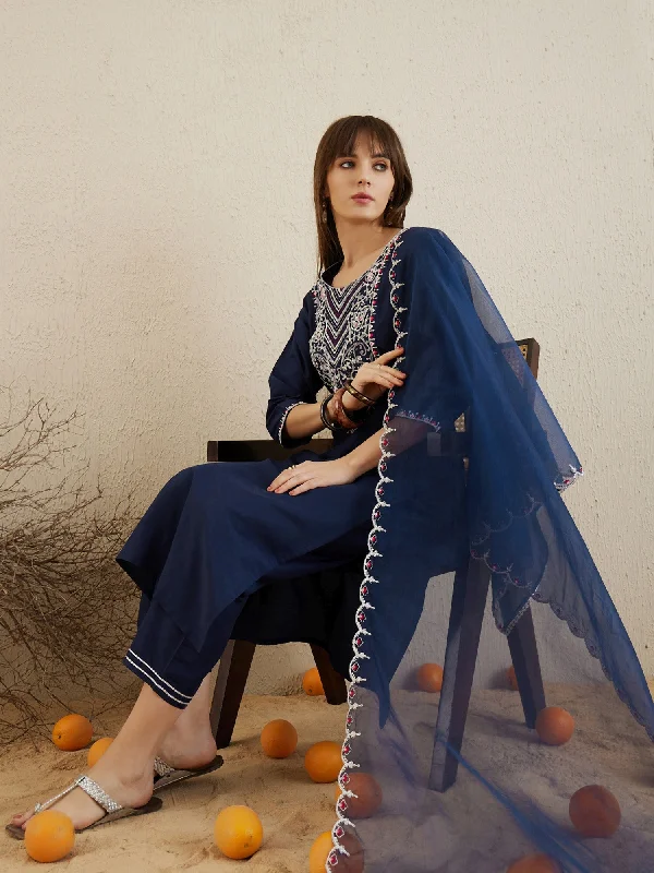 Women Navy Blue Embroidered Straight Kurta Trousers With Dupatta Set - Taantav Trousers Fleece Cozy Women Navy Blue Embroidered Straight Kurta Trousers With Dupatta Set - Taantav Trousers Fleece Cozy