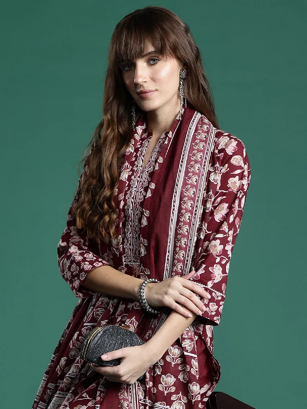Women Maroon Printed Straight Kurta Trousers With Dupatta Set - Taantav Trousers Palazzo Wide Leg Women Maroon Printed Straight Kurta Trousers With Dupatta Set - Taantav Trousers Palazzo Wide Leg
