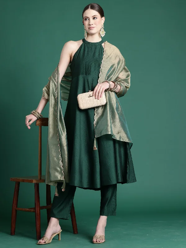 Women Green Solid A-Line Kurta Trousers With Dupatta Set - Taantav Trousers Running Lightweight Women Green Solid A-Line Kurta Trousers With Dupatta Set - Taantav Trousers Running Lightweight