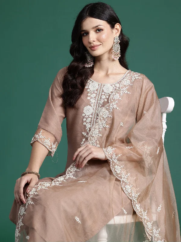 Women Brown Embroidered Straight Kurta Trousers With Dupatta Set - Taantav Trousers Yoga Stretchy Women Brown Embroidered Straight Kurta Trousers With Dupatta Set - Taantav Trousers Yoga Stretchy