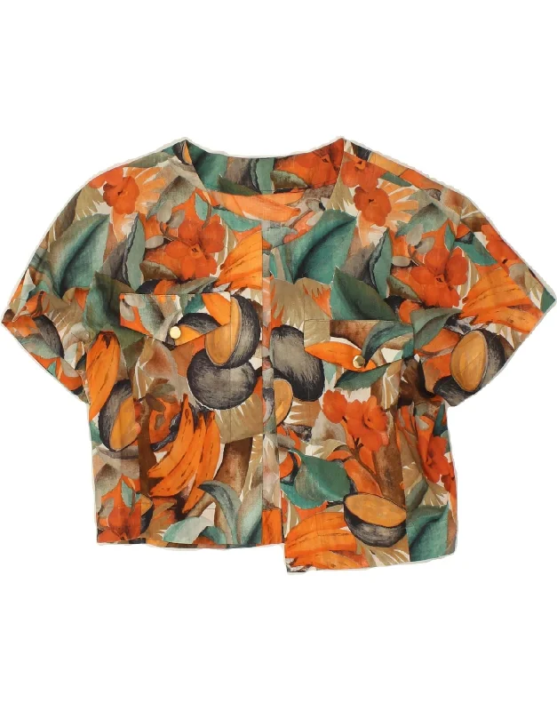 VINTAGE Womens Crop Cardigan Top UK 10 Small Multicoloured Floral Stretchy Elastic Breathable