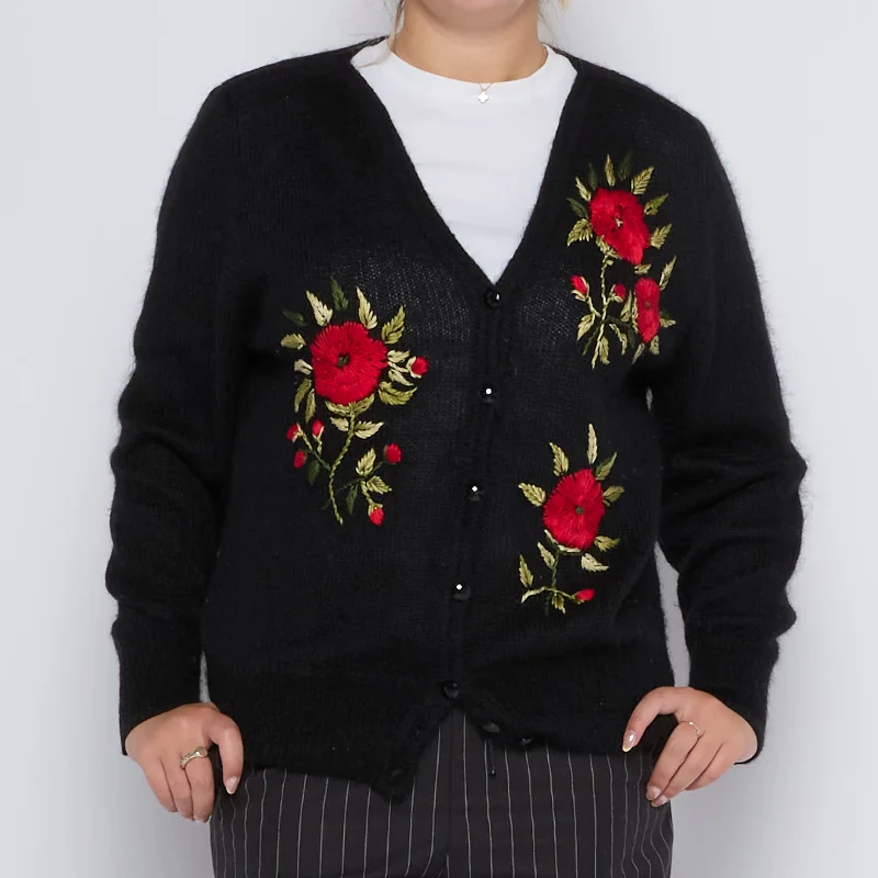 Embroidered Buttoned Heavy Knit Cardigan - UK 12 Fitted Slim Tailored
