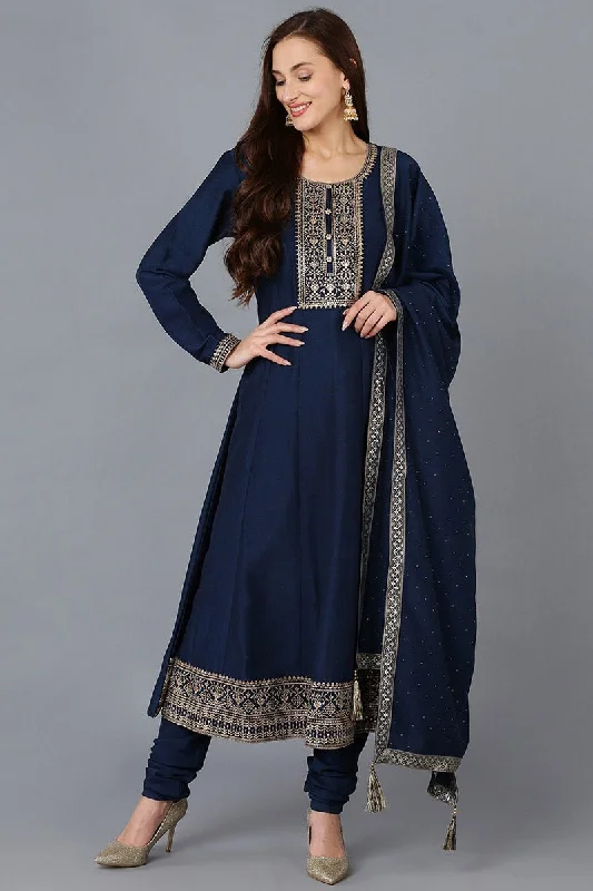 Ahika Navy Blue Silk Blend Solid A-Line Kurta Trousers With Dupatta Trousers Bootcut Casual Ahika Navy Blue Silk Blend Solid A-Line Kurta Trousers With Dupatta Trousers Bootcut Casual