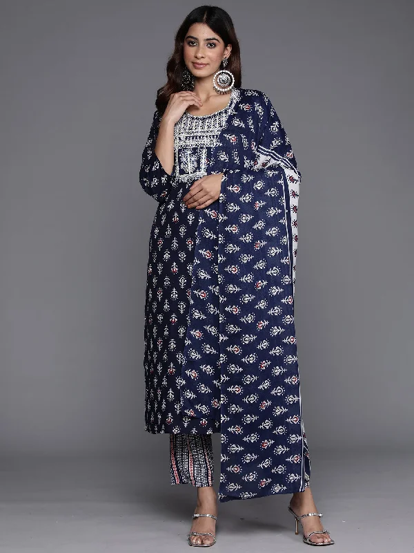 Women Navy Blue Printed Straight Kurta Trousers With Dupatta Set - Taantav Trousers fashionable trendy Women Navy Blue Printed Straight Kurta Trousers With Dupatta Set - Taantav Trousers fashionable trendy