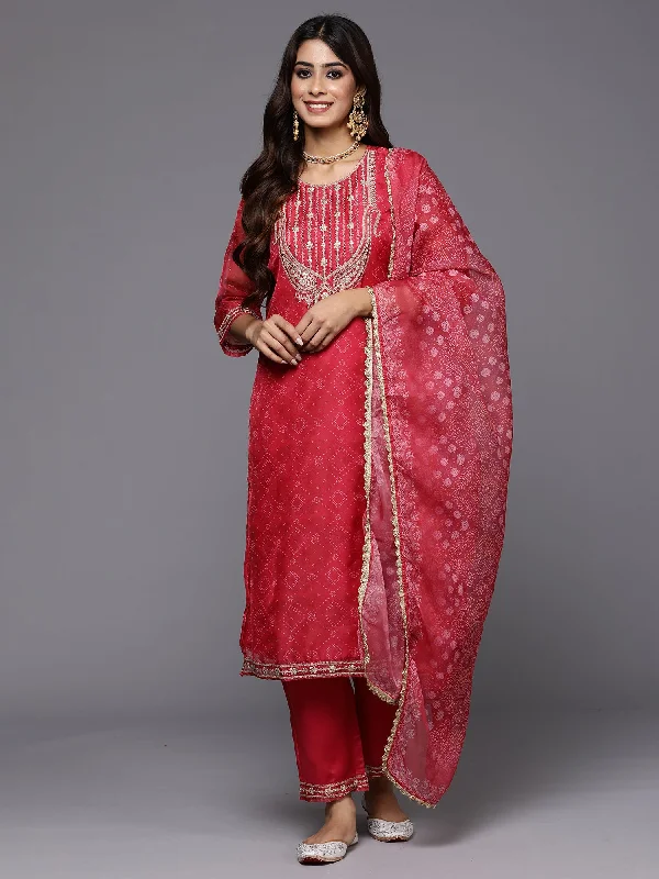 Women Pink Embroidered Straight Kurta Trousers With Dupatta Set - Taantav Trousers New Arrival Women Pink Embroidered Straight Kurta Trousers With Dupatta Set - Taantav Trousers New Arrival
